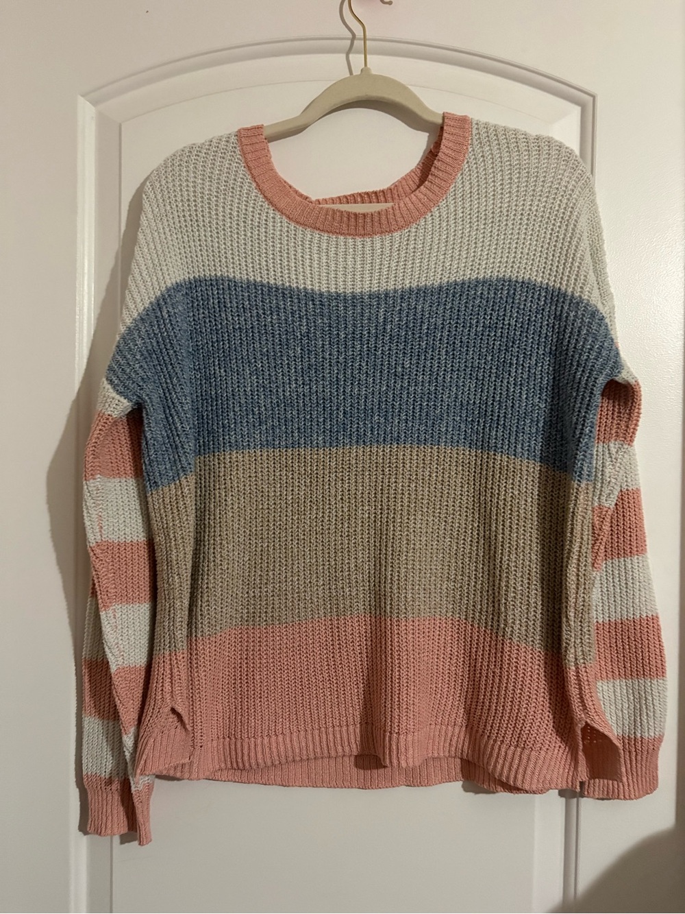 Pink Lily Striped Crewneck Sweater - Pink, Blue, Cream, Tan